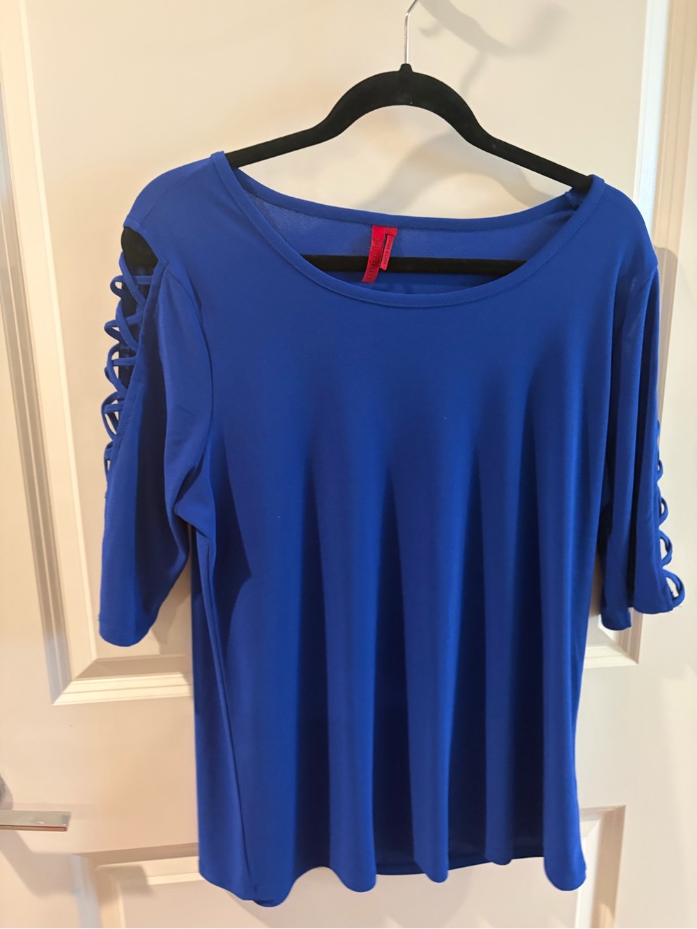Women's Royal Blue Cold-Shoulder Lattice-Sleeve Top